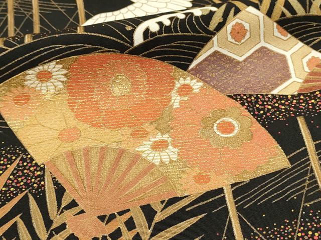 平和屋着物■豪華黒留袖 駒刺繍 飛鶴扇面花文 金彩 正絹 逸品 DABH3358qp