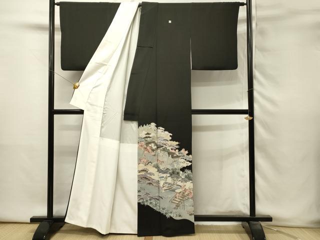 平和屋着物■豪華黒留袖 作家物 渡橋風景花松文 枝梅 金彩 正絹 逸品 DABH3362qp