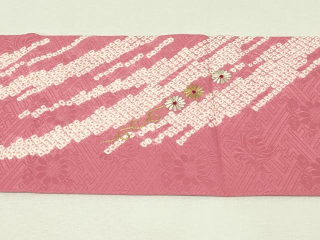 平和屋着物◎九寸名古屋帯 絞り 駒刺繍 菊唐草文 金糸 正絹 逸品 DABH3385qp