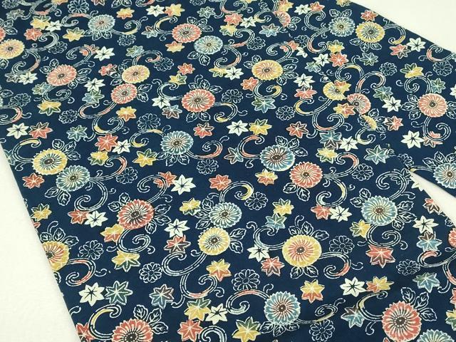 平和屋着物◎全通柄九寸名古屋帯 型染め 藍 花唐草文 お召縮緬 正絹 逸品 DABH3392qp