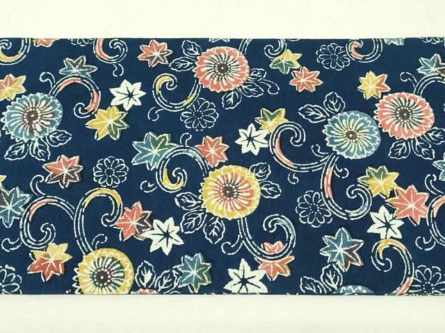 平和屋着物◎全通柄九寸名古屋帯 型染め 藍 花唐草文 お召縮緬 正絹 逸品 DABH3392qp