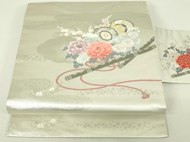 平和屋着物◎九寸名古屋帯 唐織 花鼓文 横笛 プラチナ箔 正絹 逸品 DABH3396qp