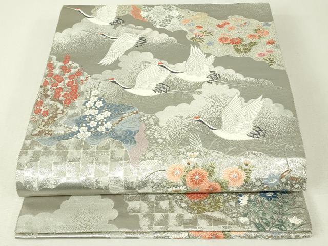 平和屋着物◎六通柄袋帯 唐織 秋草千羽鶴 プラチナ箔 正絹 逸品 DABH3430qp