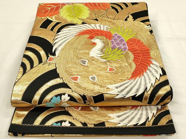 平和屋着物◎六通柄袋帯 唐織 鳳凰桐文 黒地 金銀糸 正絹 逸品 DABH3497qp