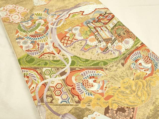 平和屋着物◎六通柄袋帯 唐織 御所車鳳凰花蝶文 金銀糸 正絹 逸品 DABH3506qp