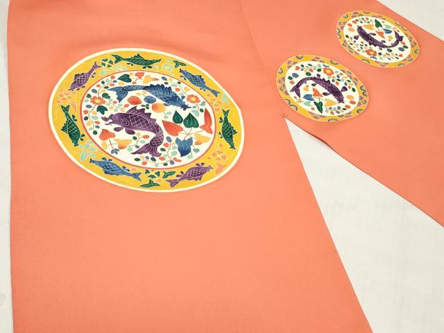平和屋着物●塩瀬 名古屋帯 帯反物 友禅作家物 魚 花絵皿文 上代33万円 逸品 未使用 DABH3524zy