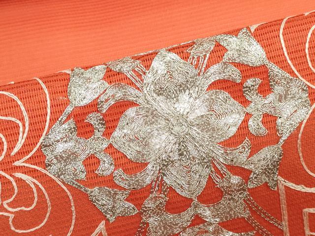 平和屋着物*夏物 西陣 名古屋帯 帯反物 駒刺繍 総刺繍 草花文 証紙付き 逸品 未使用 DABH3535zy