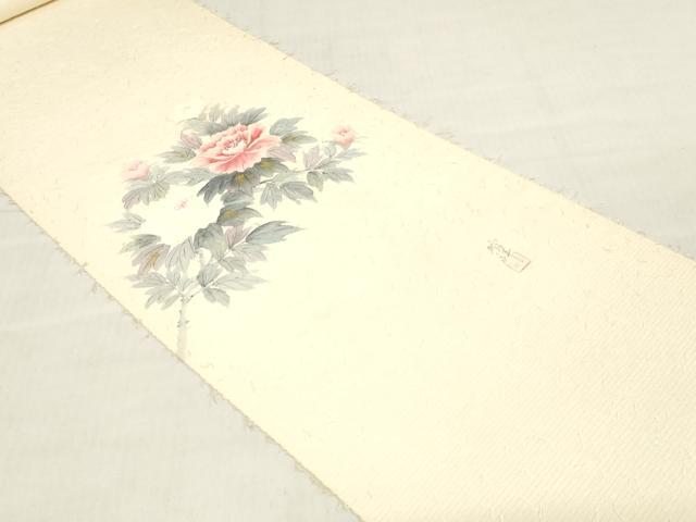 平和屋着物▼内山晴祥 手描き 名古屋帯 帯反物 あみ織紬 民芸手織 草花文 逸品 未使用 DABH3544zy