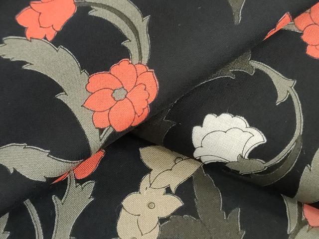 平和屋着物*夏物 浴衣 反物 着尺 草花文 黒地 クイーンサイズ 綿 逸品 未使用 DABH3556zy
