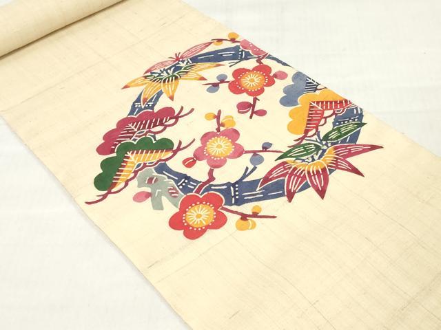 平和屋着物*夏物 名古屋帯 生紬 帯反物 型染め 松竹梅 逸品 未使用 DABH3694zy