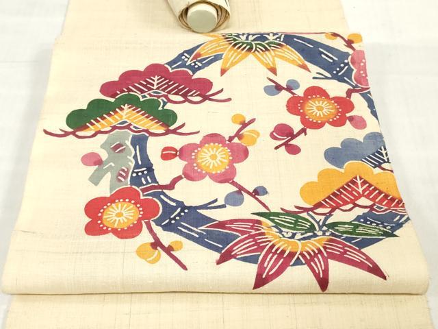 平和屋着物*夏物 名古屋帯 生紬 帯反物 型染め 松竹梅 逸品 未使用 DABH3694zy