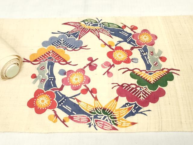 平和屋着物*夏物 名古屋帯 生紬 帯反物 型染め 松竹梅 逸品 未使用 DABH3694zy