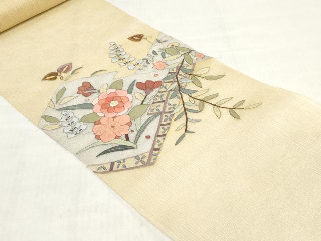 平和屋着物*夏物 明綴れ 袋帯 帯反物 松皮菱花文 金糸 裏地付き 逸品 未使用 DABH3753zy