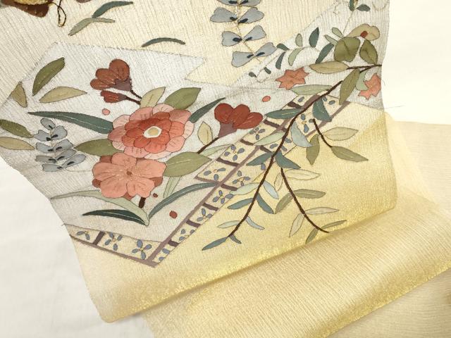 平和屋着物*夏物 明綴れ 袋帯 帯反物 松皮菱花文 金糸 裏地付き 逸品 未使用 DABH3753zy
