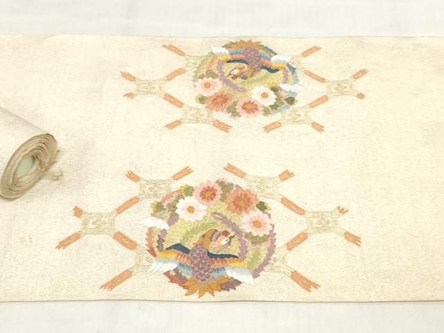 平和屋着物*夏物 袋帯 帯反物 綴れ 鳳凰花丸文 金銀糸 裏地付き 逸品 未使用 DABH3754zy