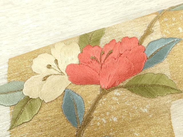 平和屋着物▼西陣 名古屋帯 帯反物 刺繍 色紙枝花文 金銀彩 銀通し地 証紙付き 逸品 未使用 DABH3756zy