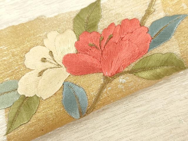平和屋着物▼西陣 名古屋帯 帯反物 刺繍 色紙枝花文 金銀彩 銀通し地 証紙付き 逸品 未使用 DABH3756zy
