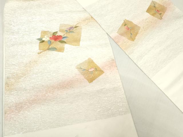 平和屋着物▼西陣 名古屋帯 帯反物 刺繍 色紙枝花文 金銀彩 銀通し地 証紙付き 逸品 未使用 DABH3756zy