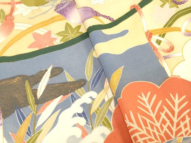 平和屋着物▼付下げ 解き反物 着尺 几帳草花文 暈し染め 黒地 八掛付き 逸品 DABH3780zy
