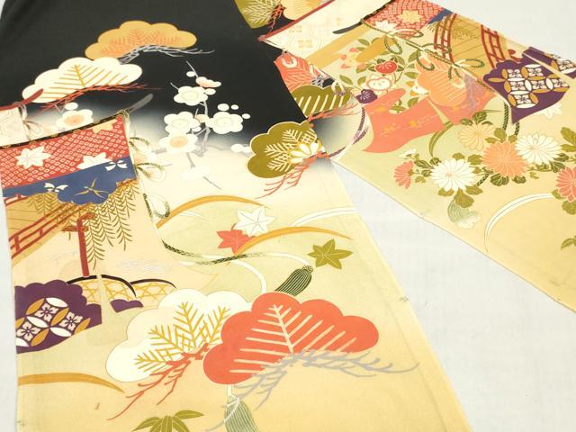 平和屋着物▼付下げ 解き反物 着尺 几帳草花文 暈し染め 黒地 八掛付き 逸品 DABH3780zy