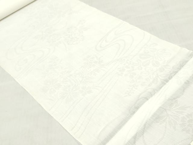 平和屋着物*夏物 長襦袢 反物 着尺 本麻織紋紗 流水草花 生成色 小千谷織物謹製 証紙付き 麻 逸品 未使用 DABH3850zy