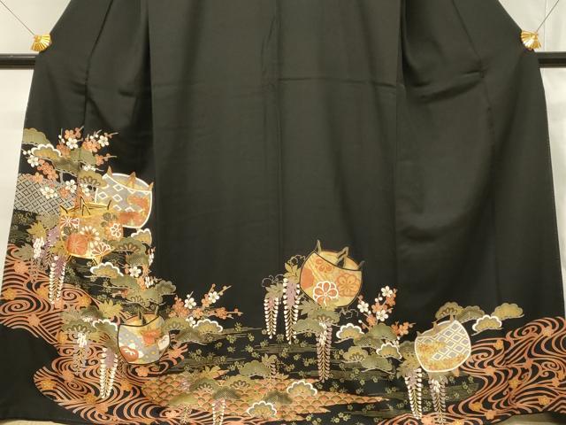 平和屋着物■豪華黒留袖 駒刺繍 糸車花松文 金彩 正絹 逸品 DABH4117qp