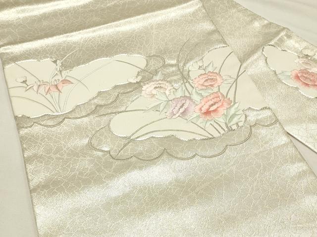 平和屋着物◎九寸名古屋帯 総刺繍 駒刺繍 雲取り草花文 銀糸 正絹 逸品 DABH4188qp