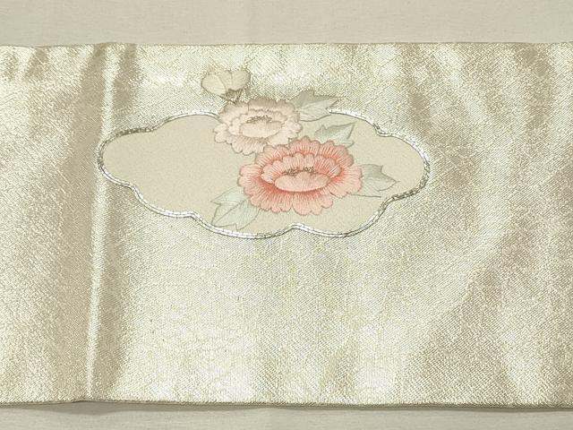 平和屋着物◎九寸名古屋帯 総刺繍 駒刺繍 雲取り草花文 銀糸 正絹 逸品 DABH4188qp