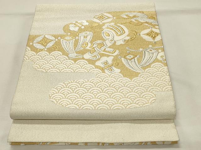 平和屋着物◎綴れ 八寸名古屋帯 宝尽くし青海波文 金銀糸 正絹 逸品 DABH4304qp