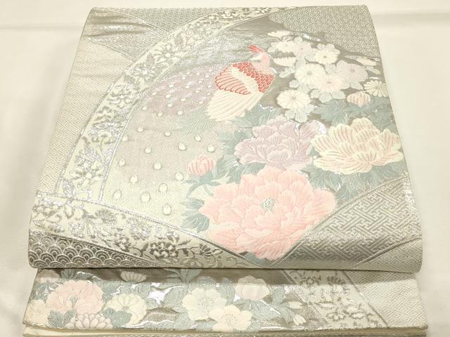 平和屋着物◎六通柄袋帯 唐織 孔雀花文 九百錦プラチナ箔 正絹 逸品 DABH4327qp