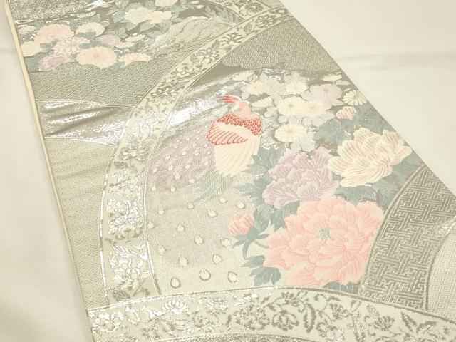 平和屋着物◎六通柄袋帯 唐織 孔雀花文 九百錦プラチナ箔 正絹 逸品 DABH4327qp