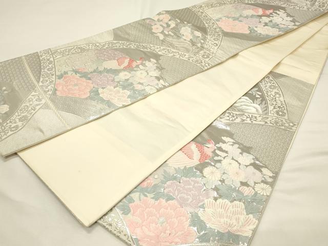 平和屋着物◎六通柄袋帯 唐織 孔雀花文 九百錦プラチナ箔 正絹 逸品 DABH4327qp