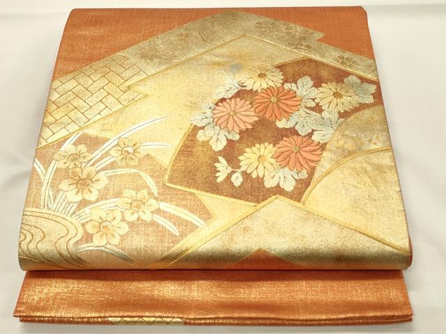 平和屋着物◎太鼓柄袋帯 駒刺繍 地紙花文 金彩 正絹 逸品 DABH4362qp