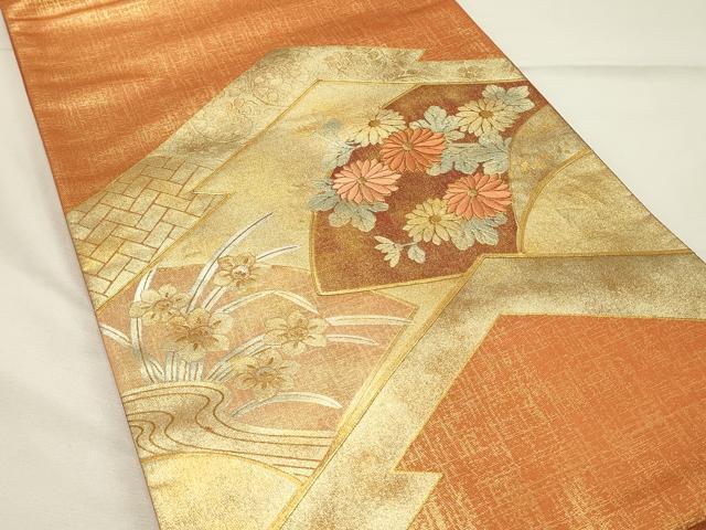 平和屋着物◎太鼓柄袋帯 駒刺繍 地紙花文 金彩 正絹 逸品 DABH4362qp
