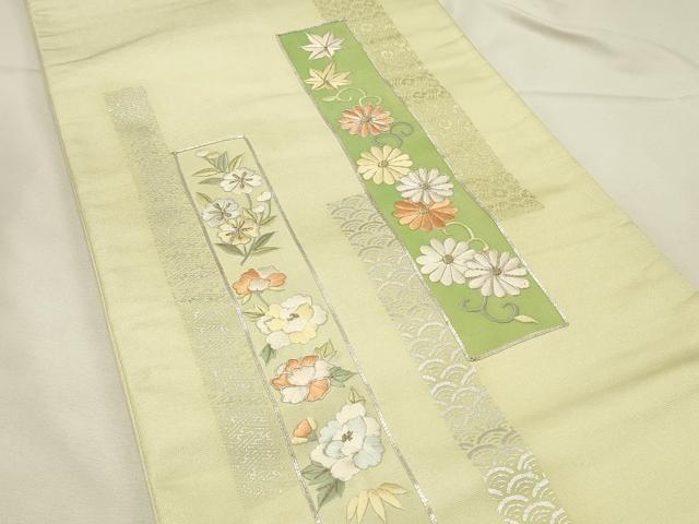 平和屋着物◎太鼓柄袋帯 駒刺繍 短冊花文 金糸 銀彩 正絹 逸品 DABH4363qp