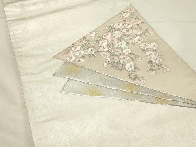平和屋着物◎太鼓柄袋帯 総刺繍 駒刺繍 草花文 銀糸 引箔 正絹 逸品 DABH4365qp