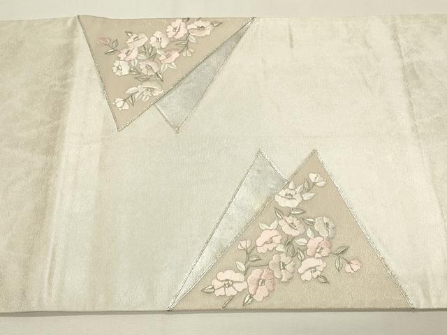 平和屋着物◎太鼓柄袋帯 総刺繍 駒刺繍 草花文 銀糸 引箔 正絹 逸品 DABH4365qp