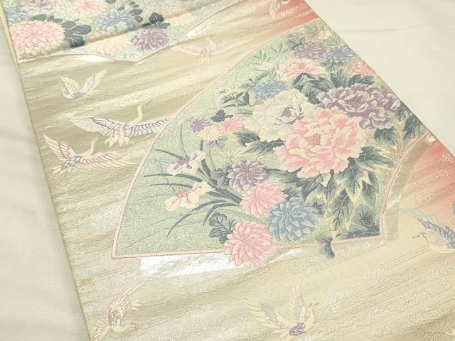 平和屋着物◎六通柄袋帯 唐織 地紙飛鶴花文 ラメ糸 銀糸 正絹 逸品 DABH4400qp