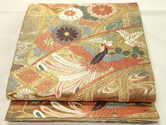 平和屋着物◎佐賀錦 六通柄袋帯 唐織 瑞橋花鳥文 金糸 正絹 逸品 DABH4425qp