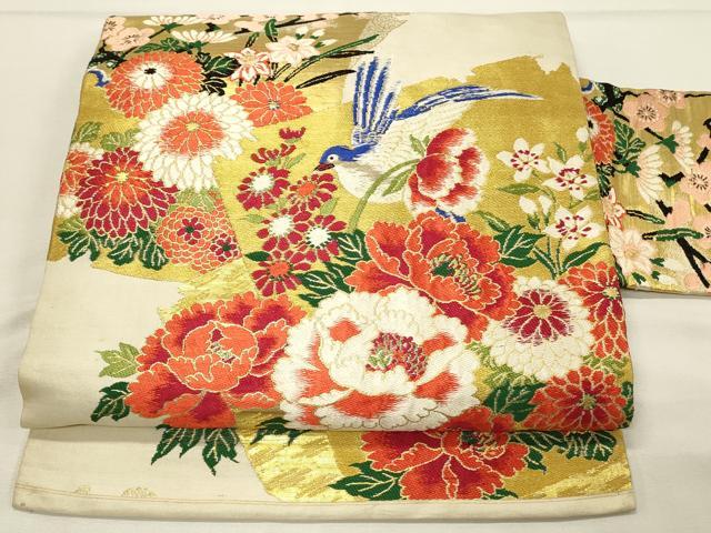 平和屋着物◎アンティーク 大正ロマン 九寸名古屋帯 花鳥文 牡丹 金糸 正絹 逸品 DABH4437qp