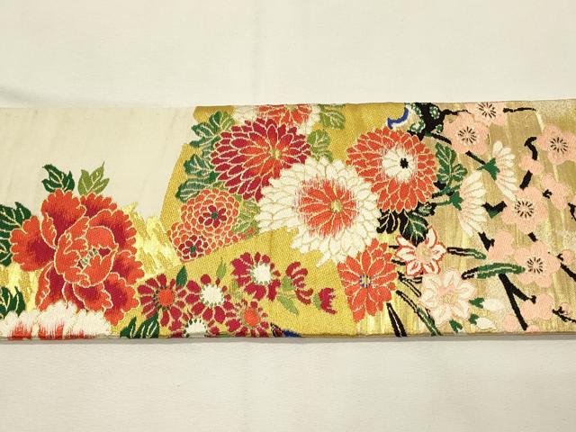 平和屋着物◎アンティーク 大正ロマン 九寸名古屋帯 花鳥文 牡丹 金糸 正絹 逸品 DABH4437qp