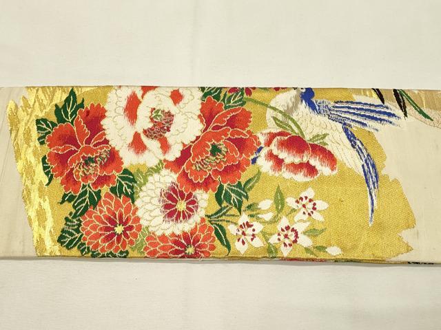平和屋着物◎アンティーク 大正ロマン 九寸名古屋帯 花鳥文 牡丹 金糸 正絹 逸品 DABH4437qp