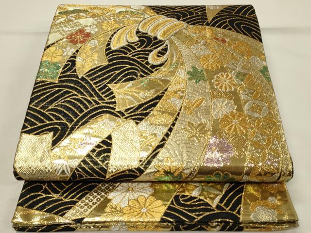 平和屋着物◎両面 六通柄袋帯 束ね熨斗花文 黒地 金銀糸 正絹 逸品 DABH4520qp