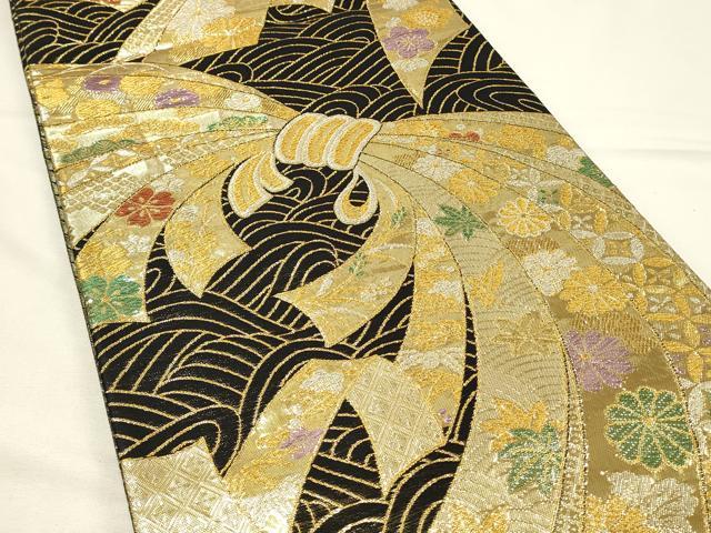 平和屋着物◎両面 六通柄袋帯 束ね熨斗花文 黒地 金銀糸 正絹 逸品 DABH4520qp