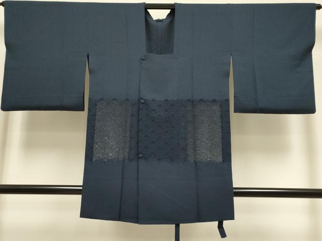 平和屋着物▽道行コート スリーシーズン 春夏秋 塵除け ドロンワーク 濃い藍鉄色 正絹 逸品 DABH4521du