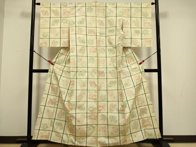 平和屋着物▽上質な紬 単衣 格子花蝶文 正絹 逸品 DABH4525du