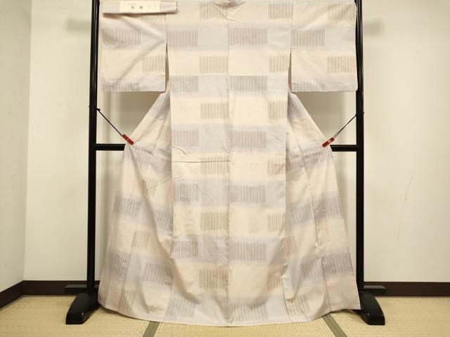 平和屋着物▽上質な紬 単衣 伝承長井絣 紅螢 横段文 渡源織物謹製 証紙付き 正絹 逸品 DABH4535du