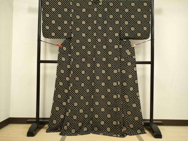 平和屋着物▽小紋 単衣 丸文 黒地 洗える着物 DABH4538du
