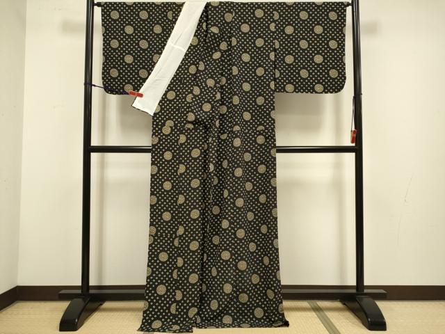 平和屋着物▽小紋 単衣 丸文 黒地 洗える着物 DABH4538du