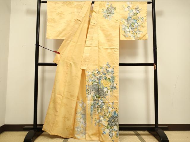 平和屋着物▽訪問着 単衣 尾長鳥花文 金彩 洗える着物 DABH4545du